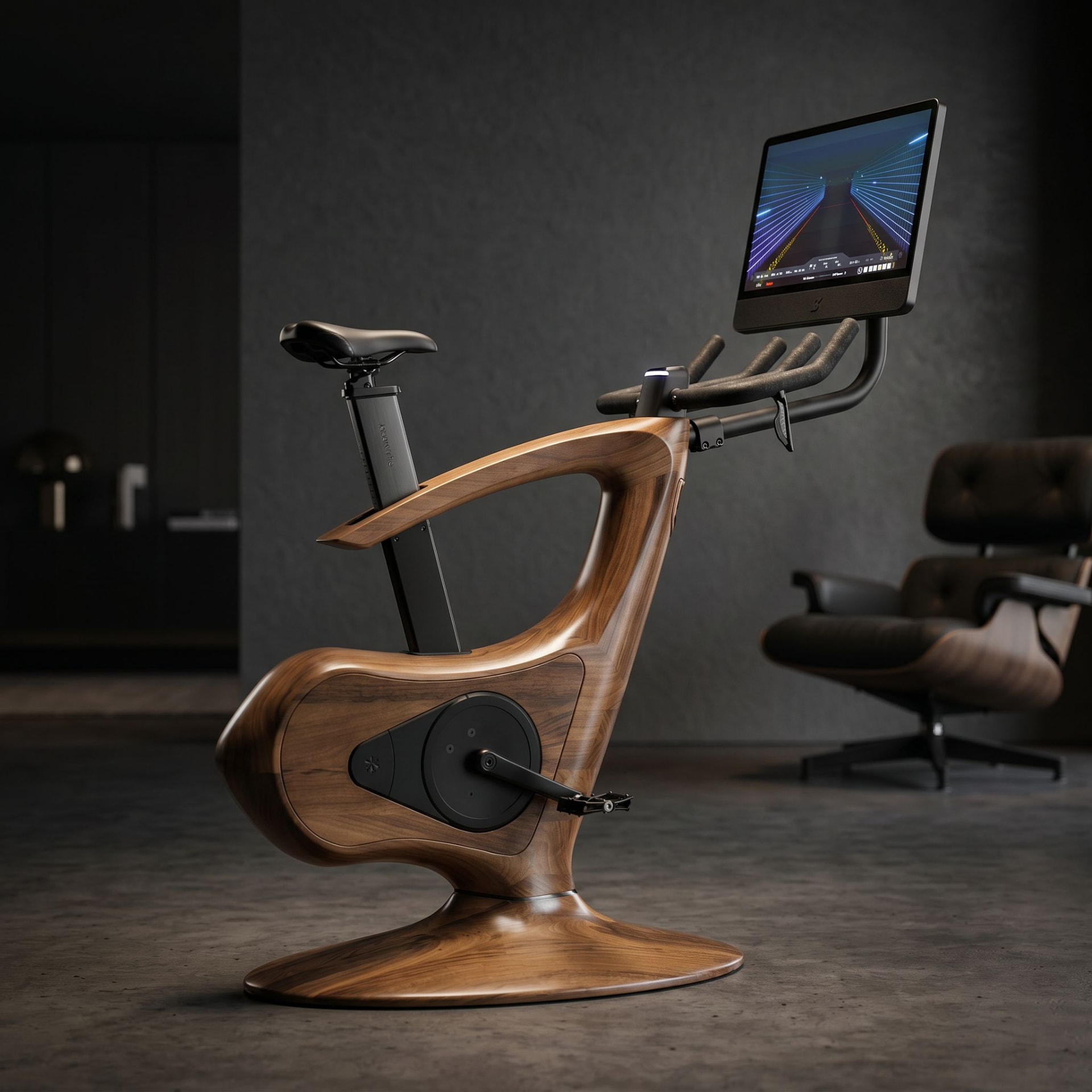 Annum handcrafted luxury wooden indoor exercise bike in a dark contemporary interior